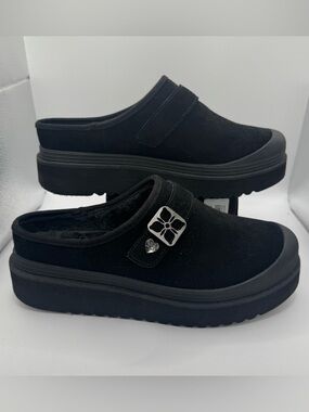 BOBS Black Suede Platform Clogs Cozy Girl Soft Girl Aesthetic Fur Mules Slips 9